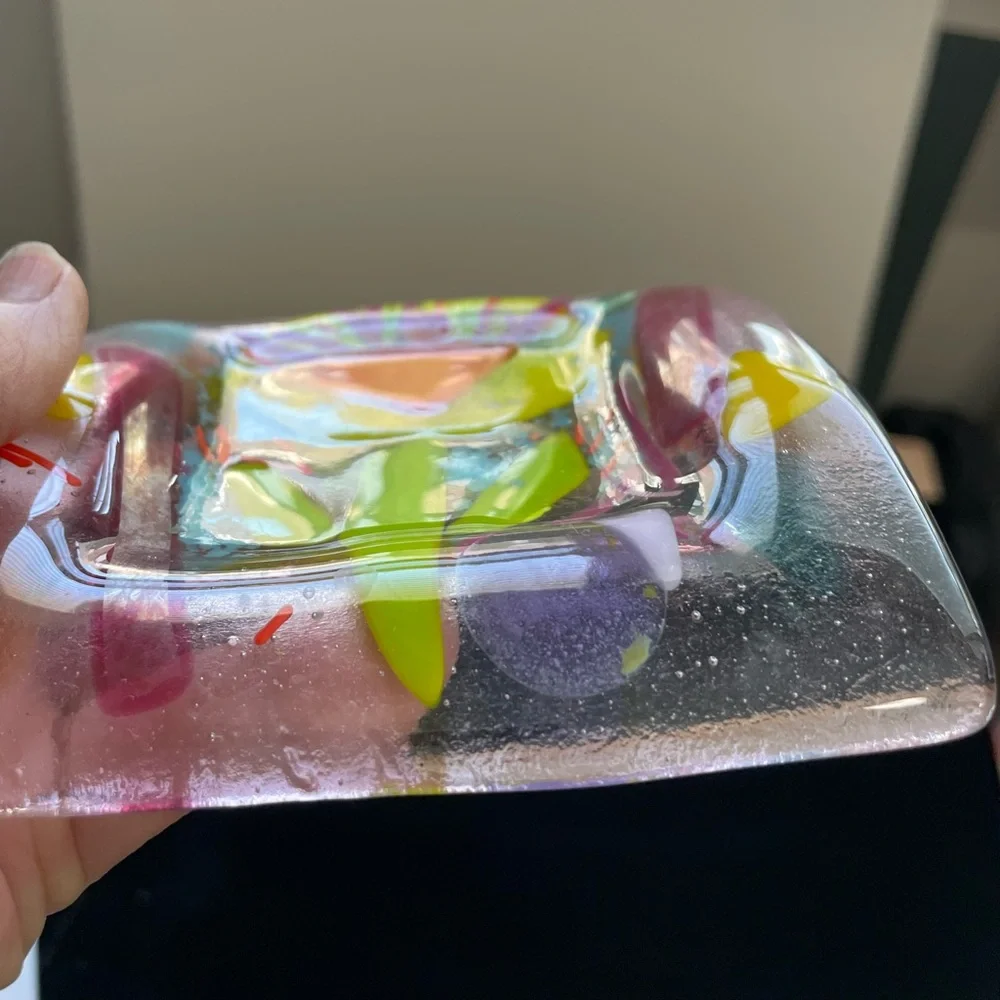 Flower Original Pink Fused Art Glass Ring/Key Handmade Square Tray 5” OOAK - Picture 2 of 8